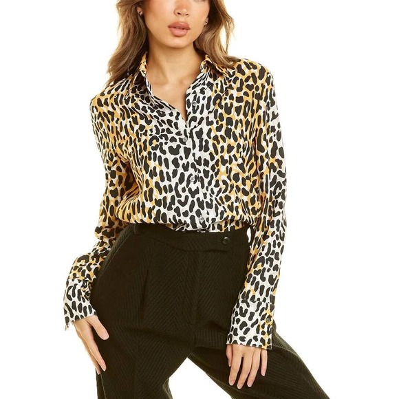 NWOT ST. JOHN $399 Crepe Black Leopard Print Blouse Size L - Picture 3 of 7
